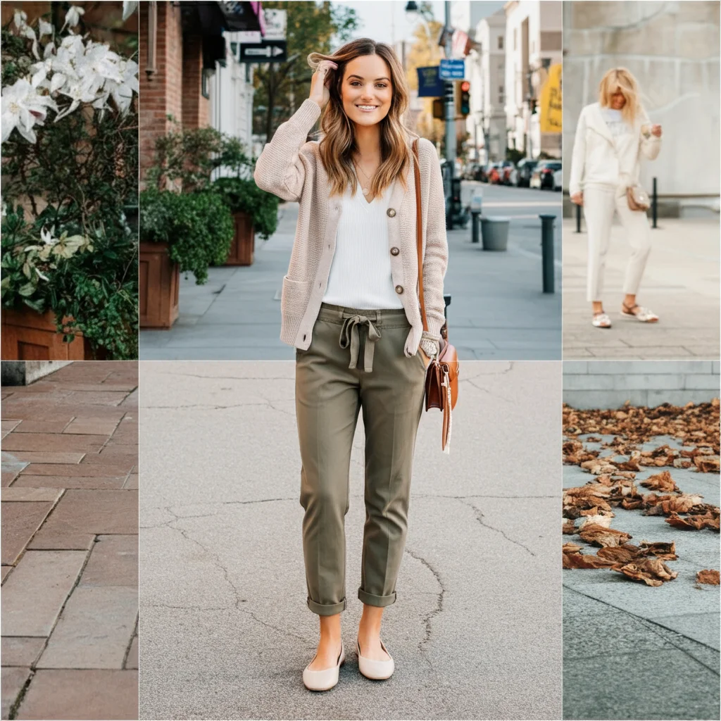 Beige Cardigan with Flats & Khaki Pants