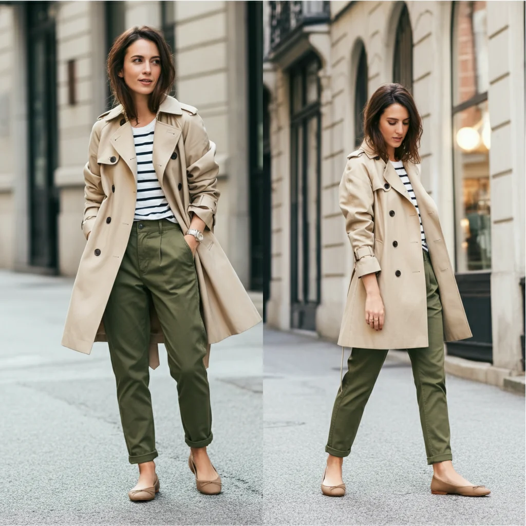Beige Trench Coat with Flats & Khaki Pants