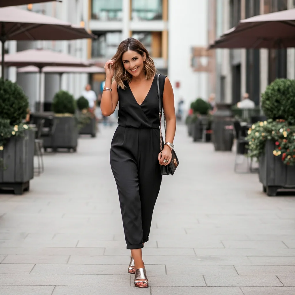 Black Jumpsuit with Metallic Sandals