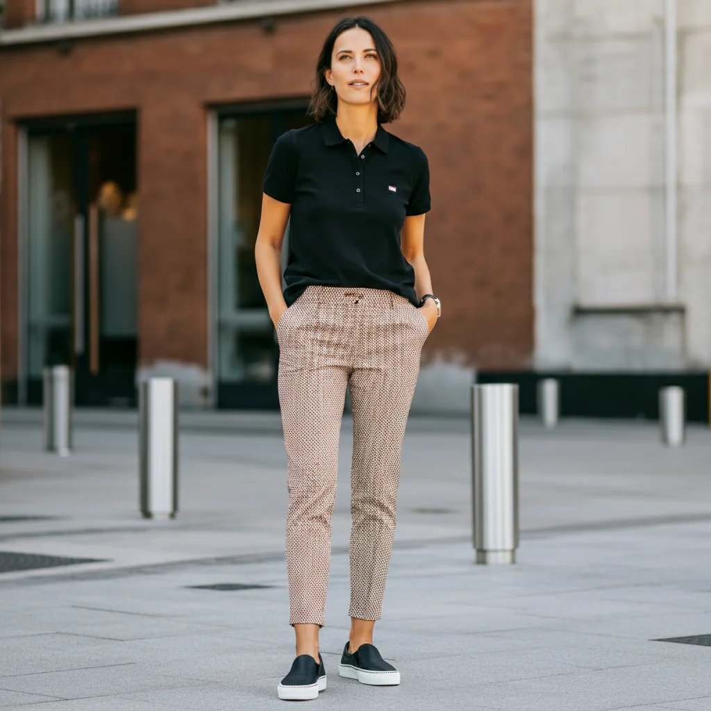 Black Polo with Casual Slip-Ons & Khaki Pants