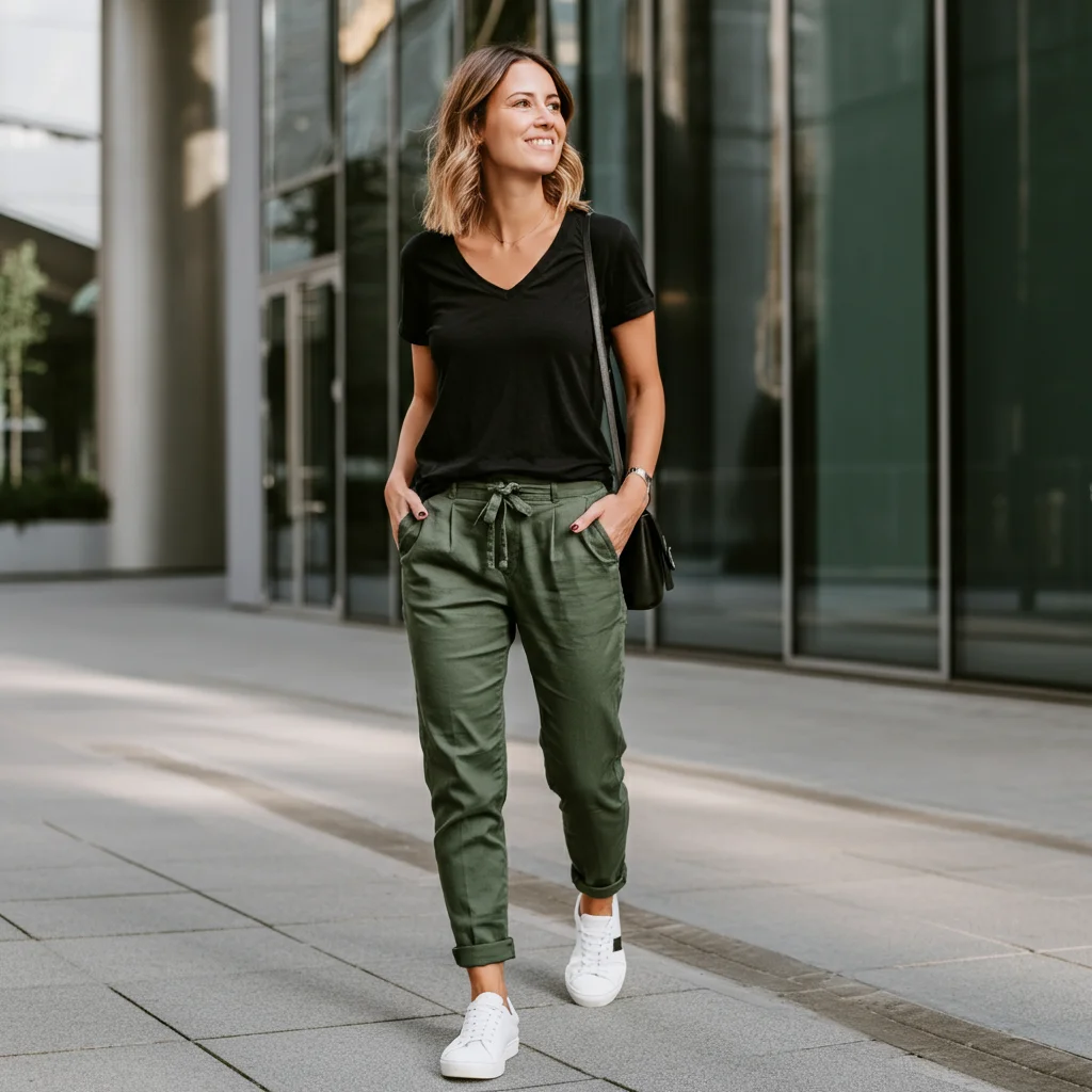 Black V-Neck Tee with White Sneakers & Khaki Pants