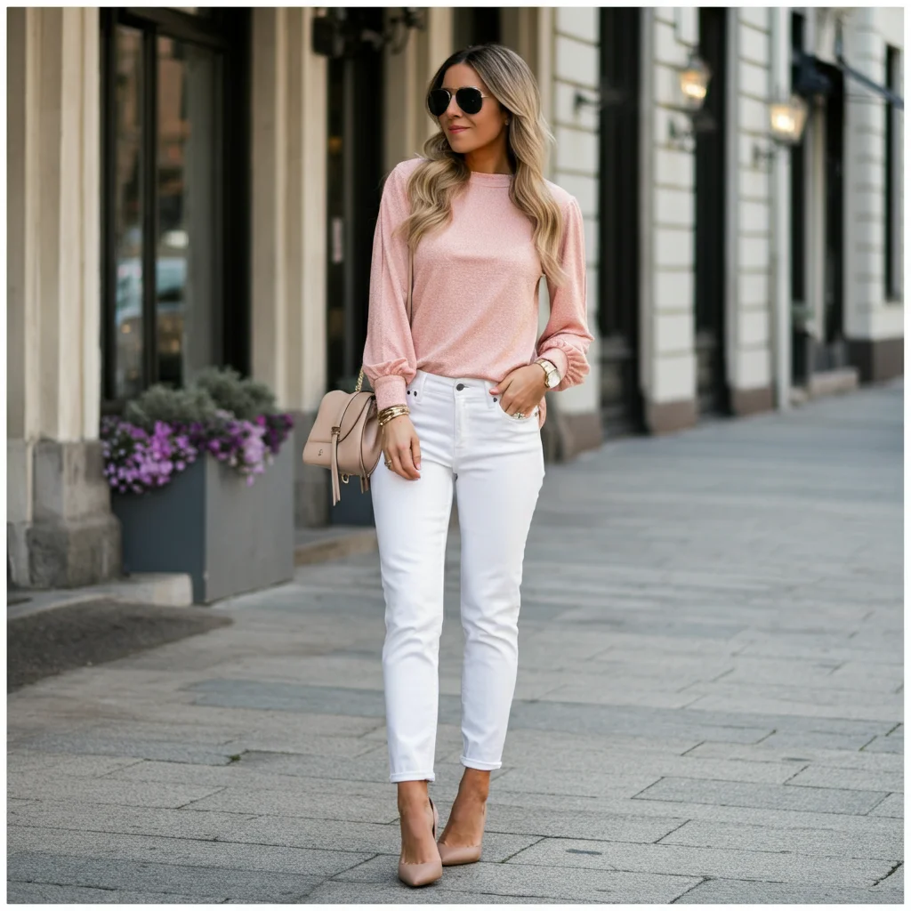 Blush Pink Top with White Jeans