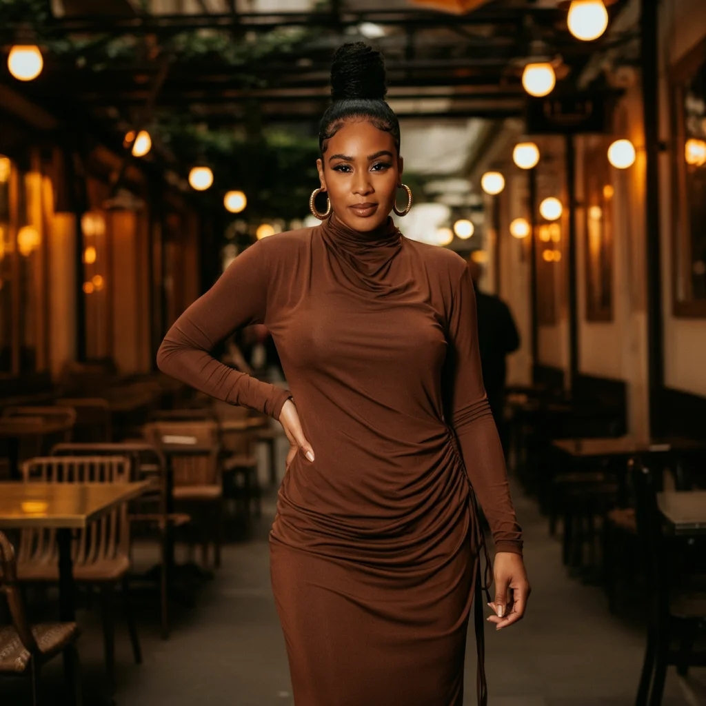 Brown High-Neck Dress with Hoop Earrings