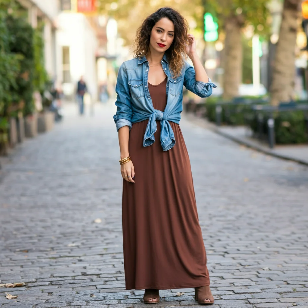 Brown Maxi Dress and Jean Shirt Tie
