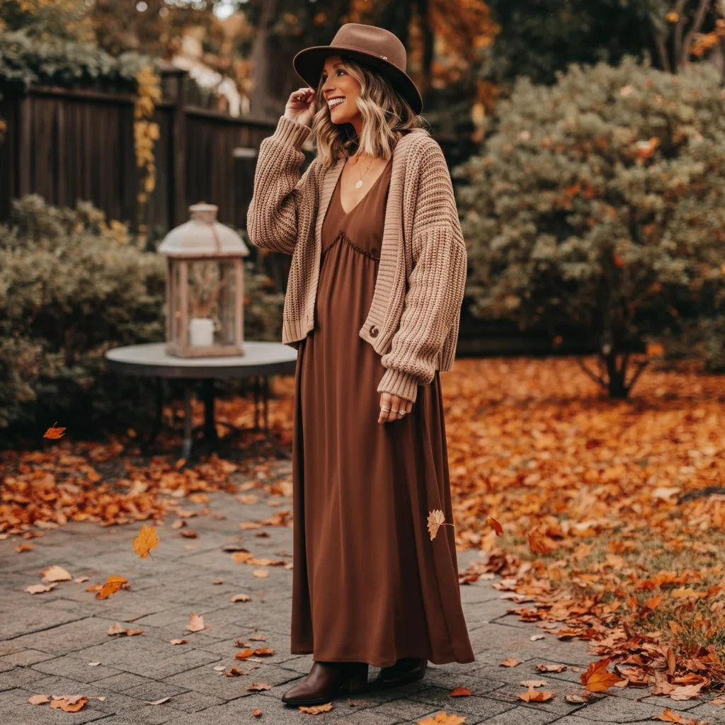 Brown Maxi Dress with a Chunky Sweater