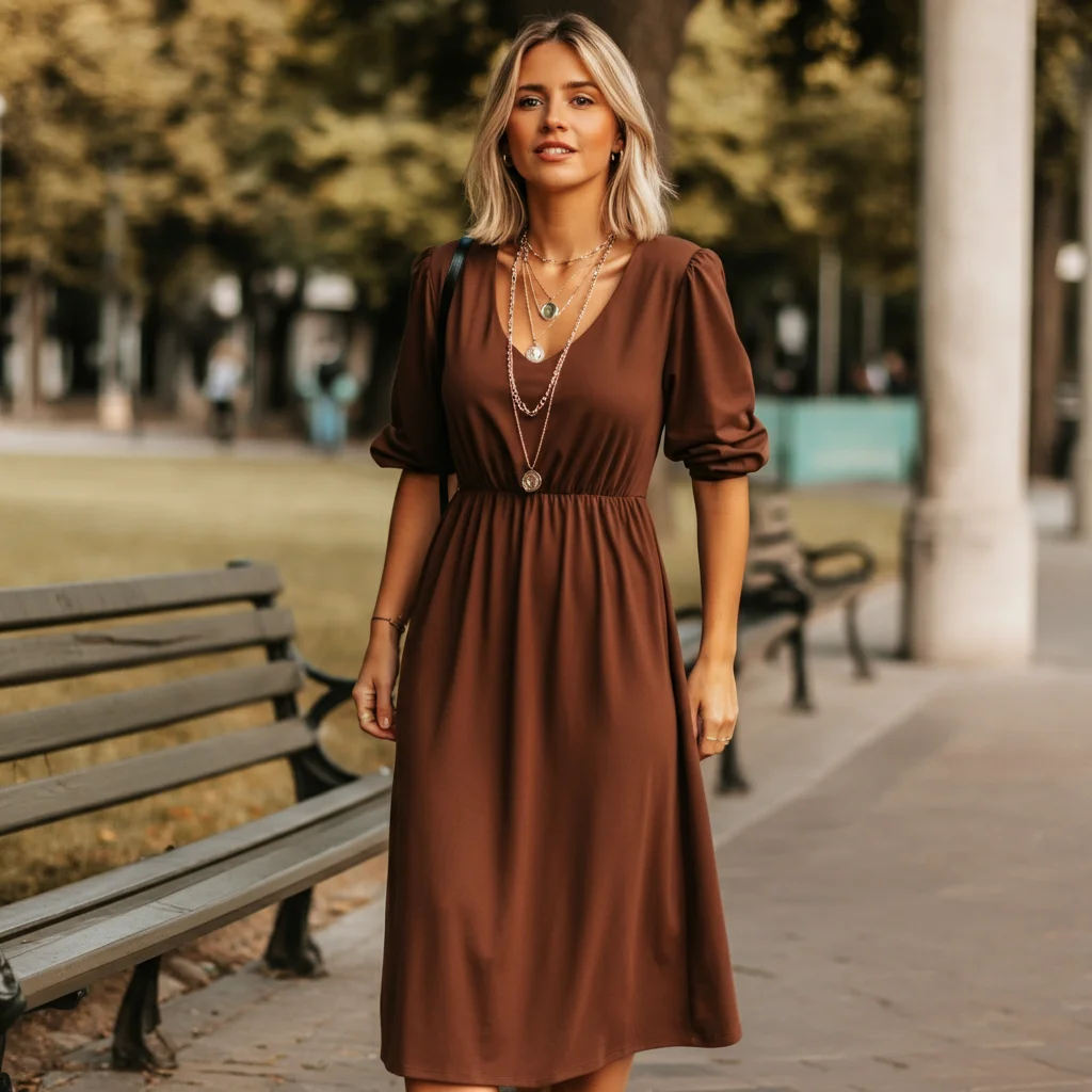 Brown Midi Dress with Layered Necklaces