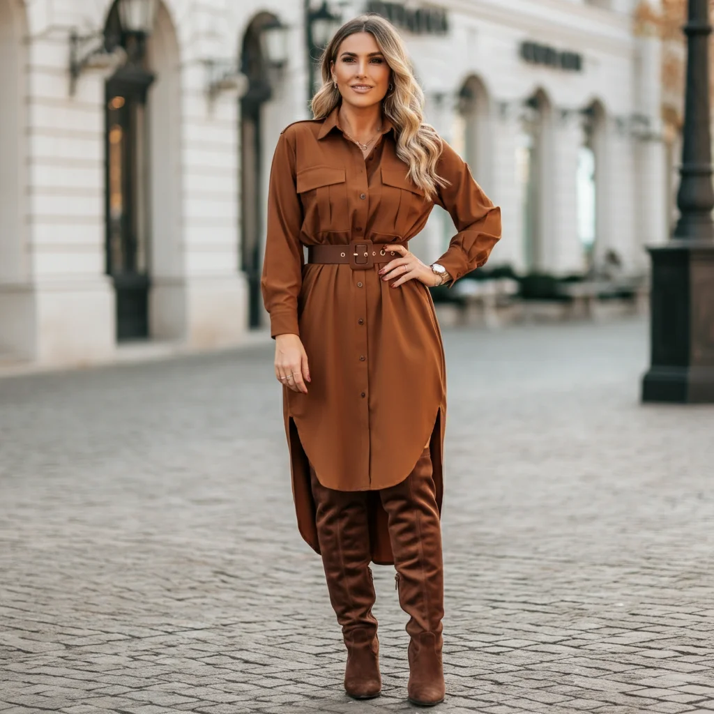 Brown Shirt Dress with a Belt and Tall Boots