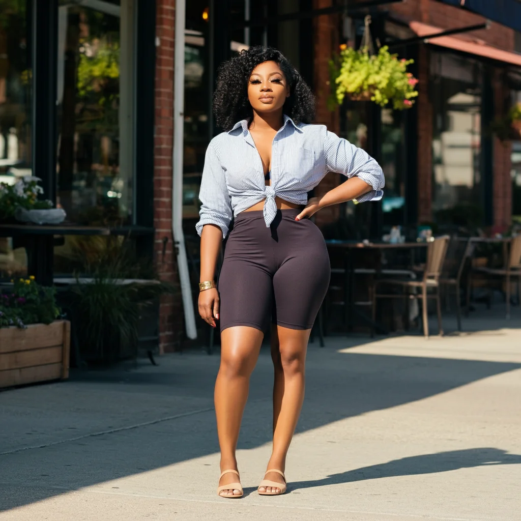Button-down shirt with biker shorts