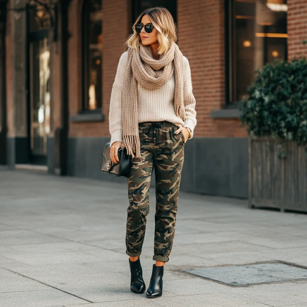 Camo Pants with a Knit Sweater and Scarf