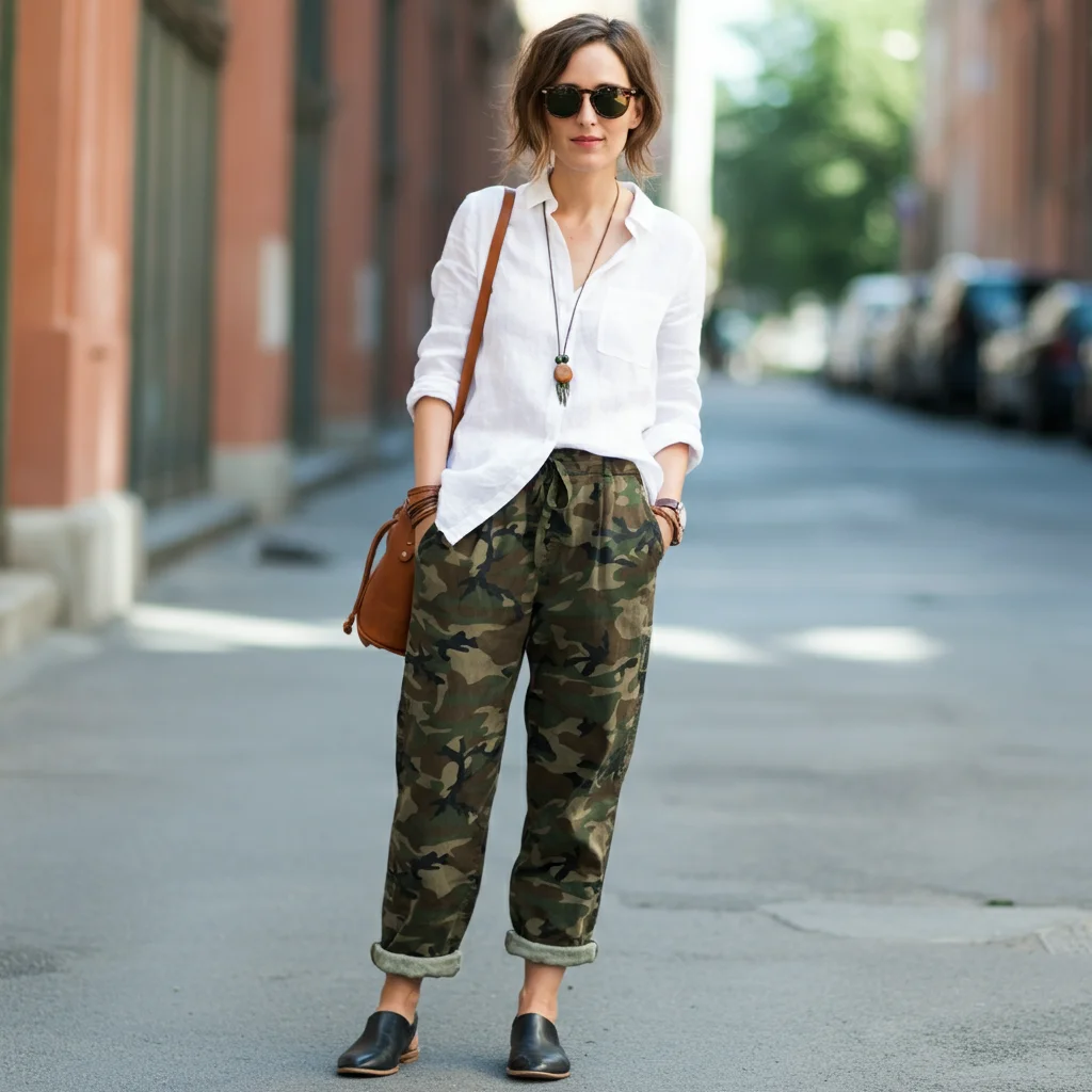 Camo Pants with a White Linen Shirt