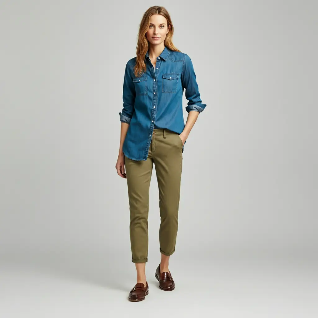 Chambray Shirt & Brown Loafers with Khaki Pants