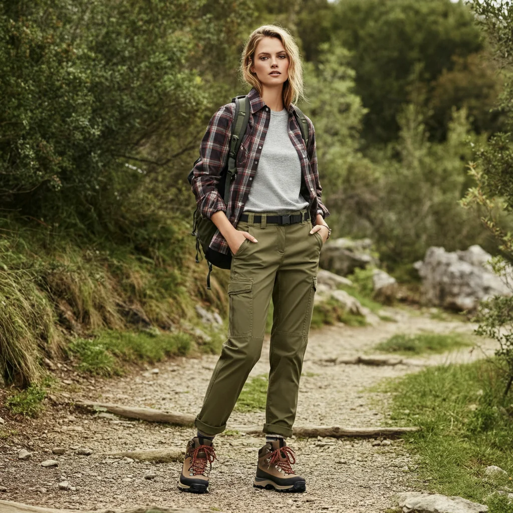 Checked Shirt with Hiking Boots & Khaki Pants