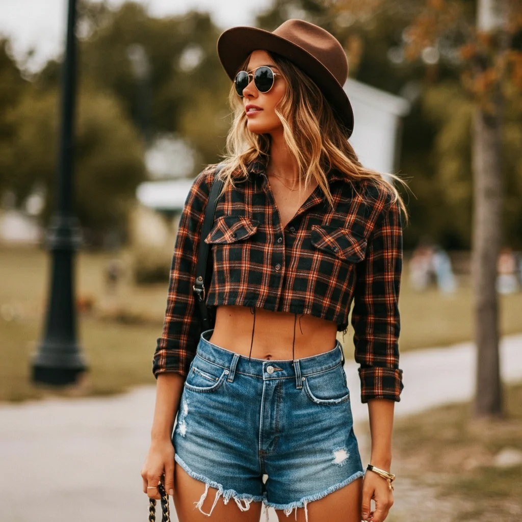 Cropped Flannel and Denim Shorts