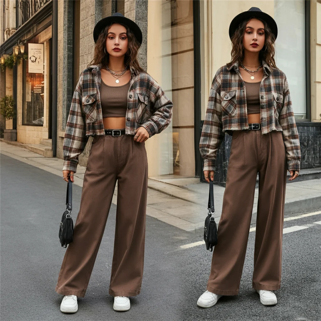 Cropped Flannel over a Tank and Wide-Leg Pants