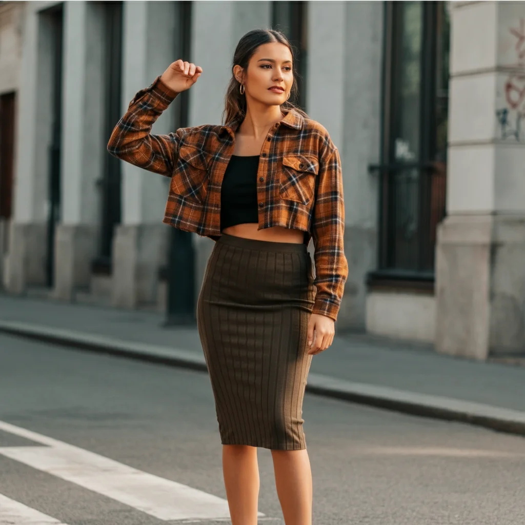 Cropped Flannel with a Pencil Skirt