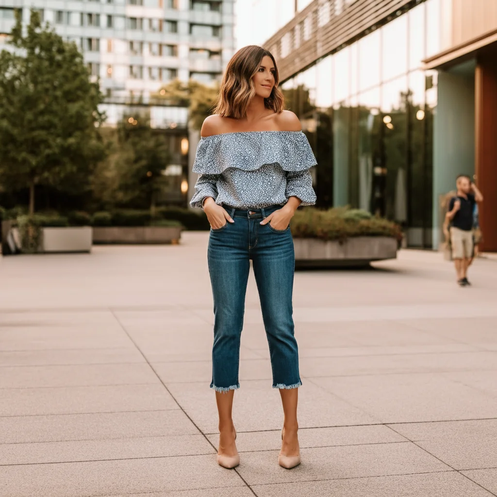 Cropped Jeans with an Off-Shoulder Top