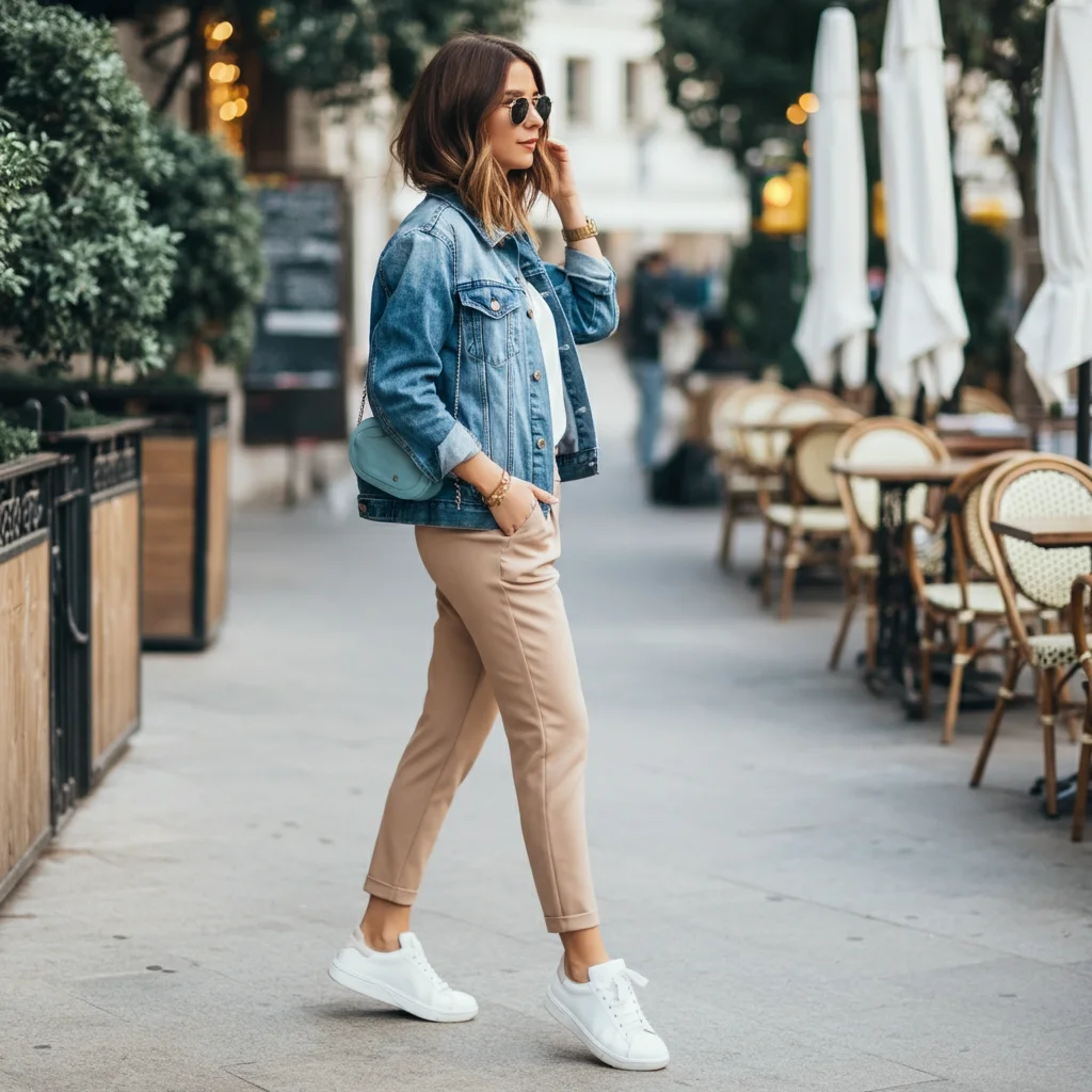 Denim Jacket & White Sneakers with Khaki Pants