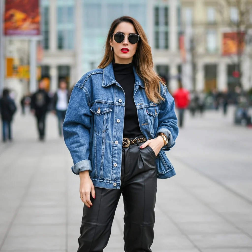 Denim Jacket with Leather Pants