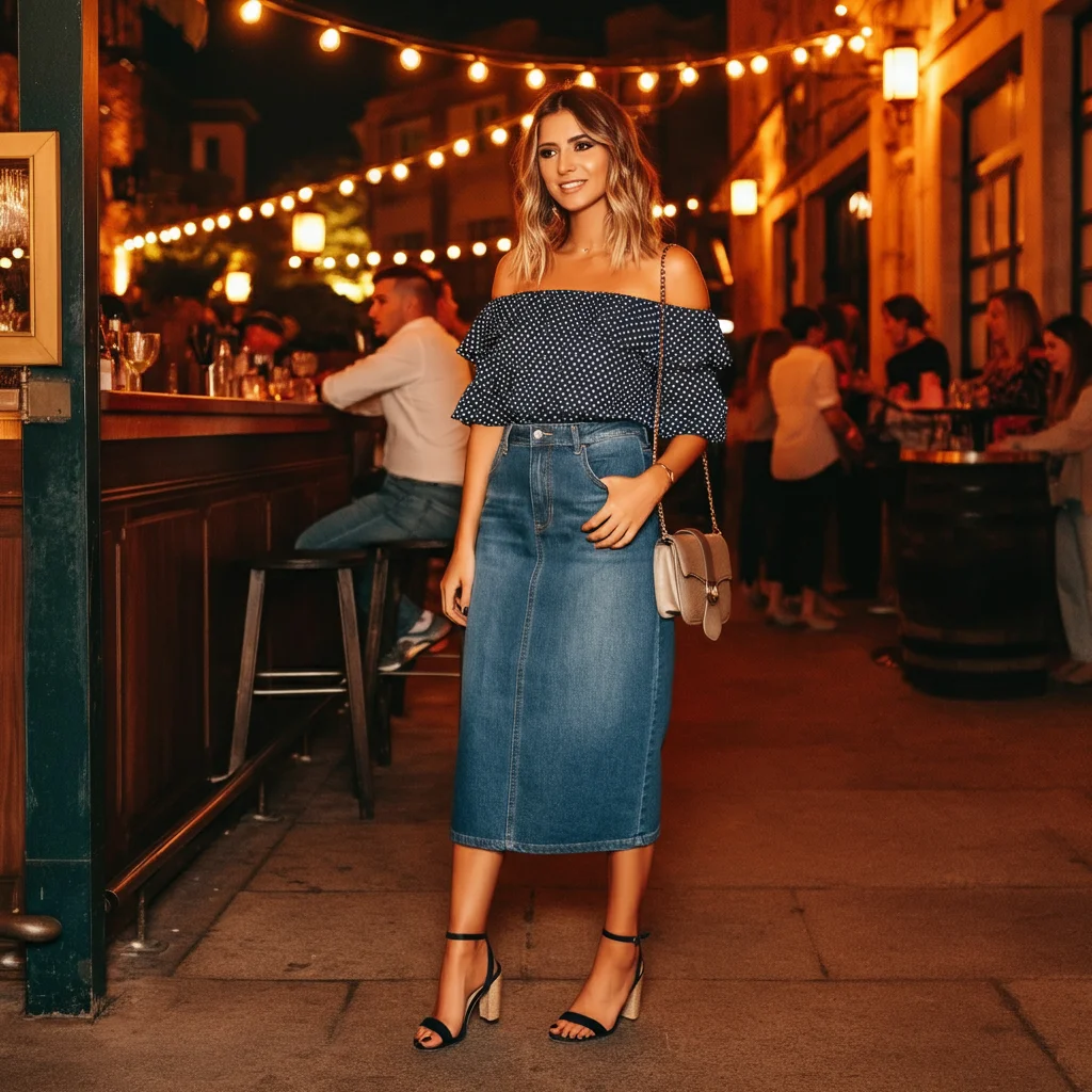Denim Midi Skirt with an Off-shoulder Top