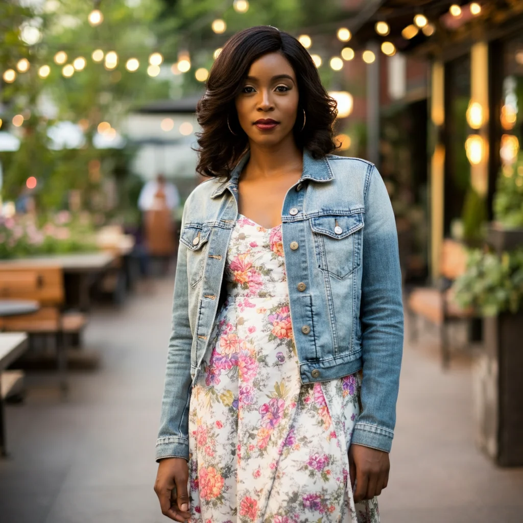 Denim jacket with a floral sundress