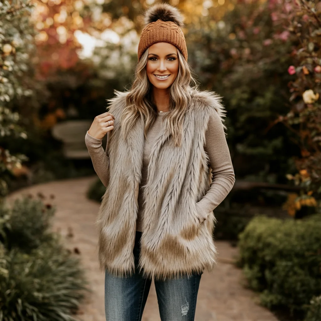 Faux Fur Vest with Long-Sleeve Top