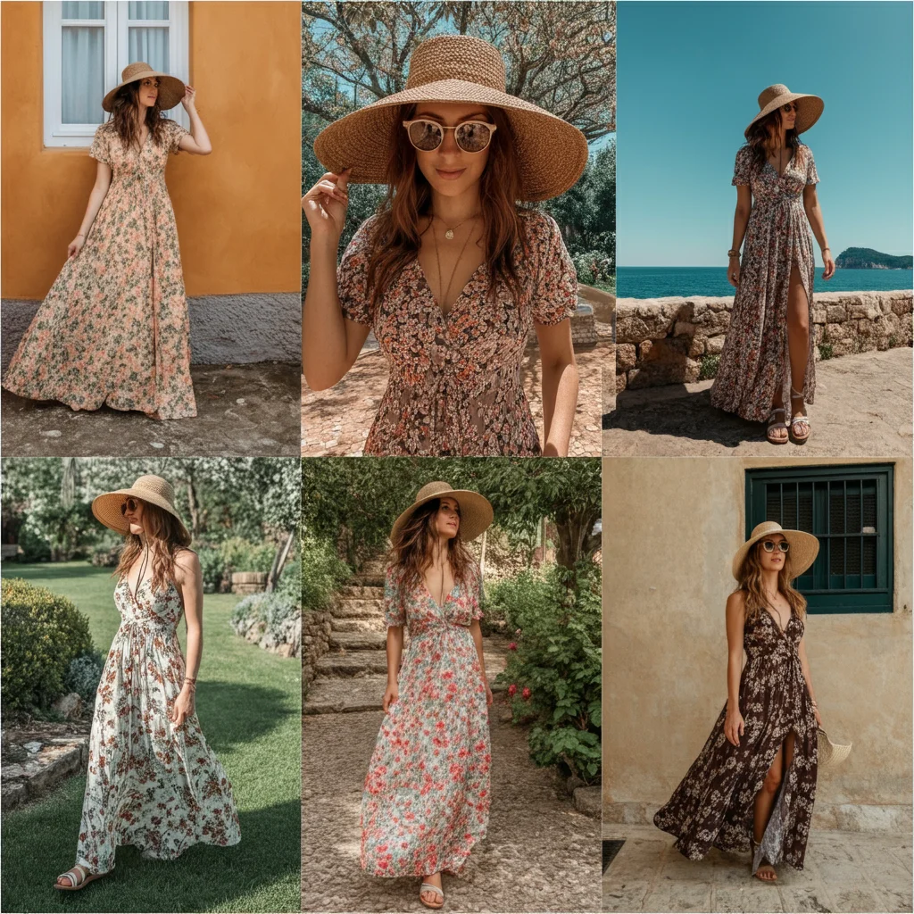 Floral Maxi Dress with a Sun Hat