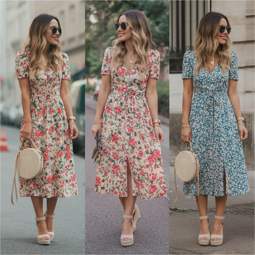 Floral Midi Dress with Wedge Sandals