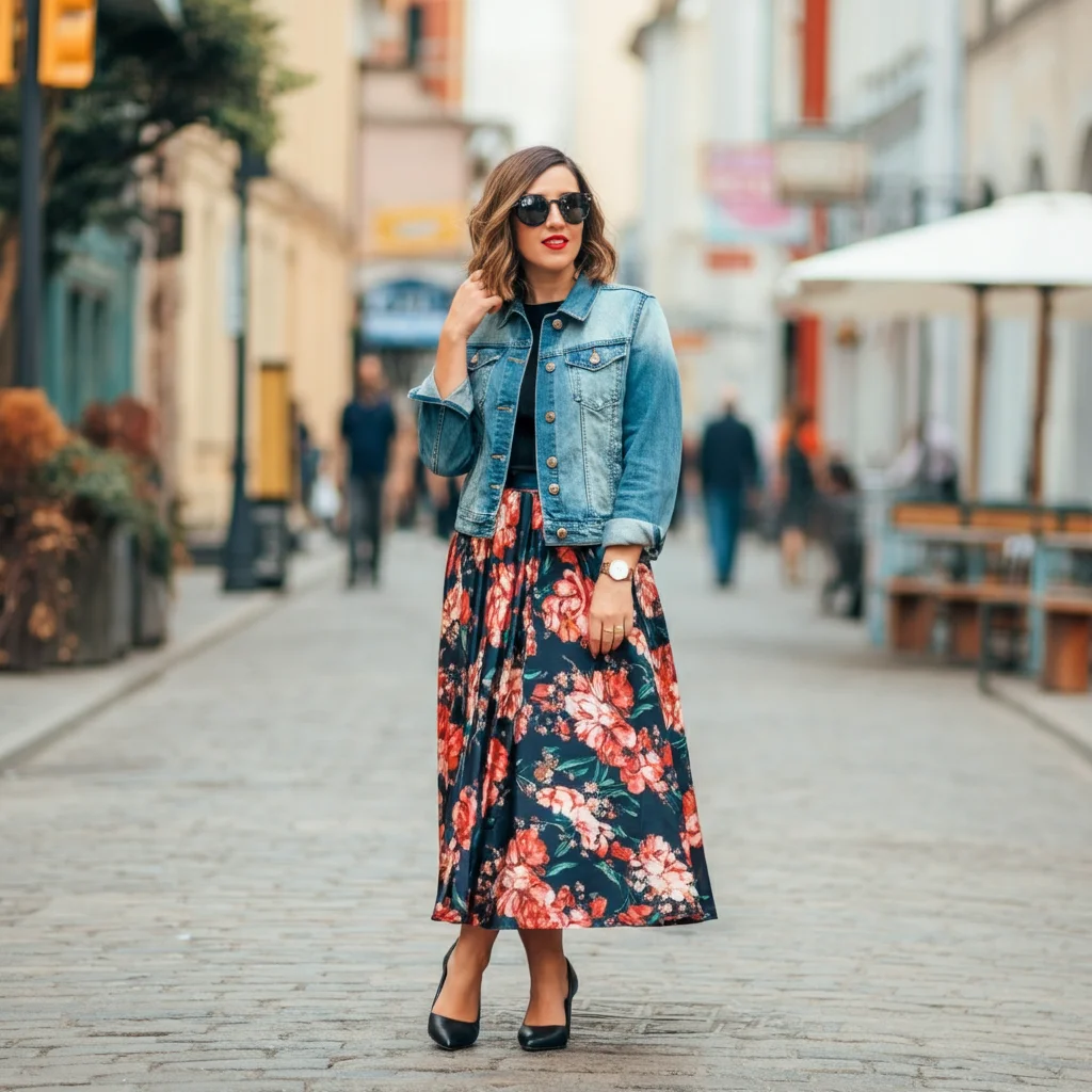 Floral Skirt with Denim Jacket