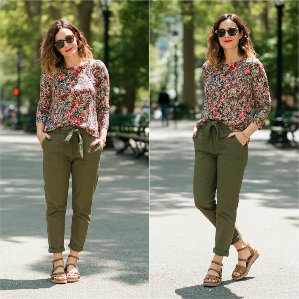 Floral Top with Sandals & Khaki Pants