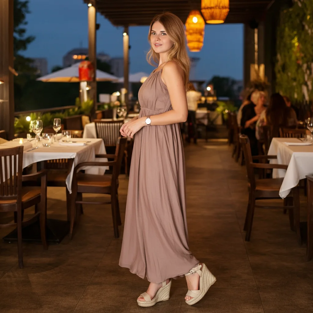 Flowy Maxi Dress with Wedge Sandals