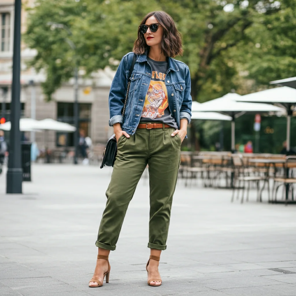 Graphic Tee with Denim Jacket & Khaki Pants