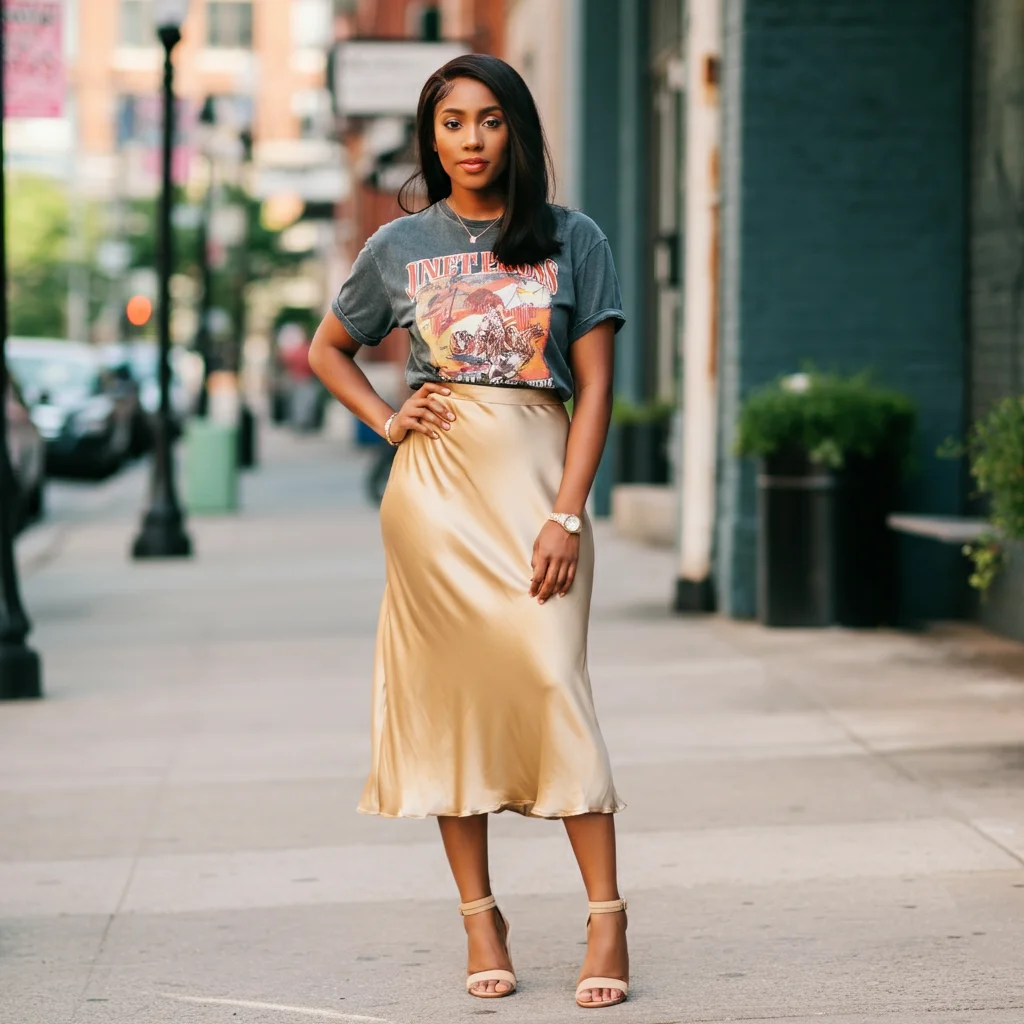 Graphic tee with a midi slip skirt