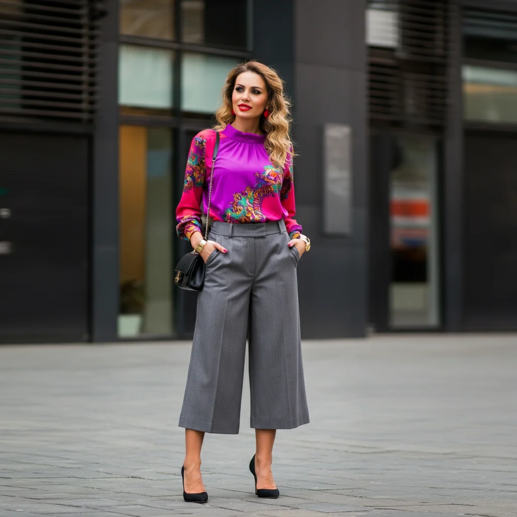 Grey Culottes with a Bright-Colored Top