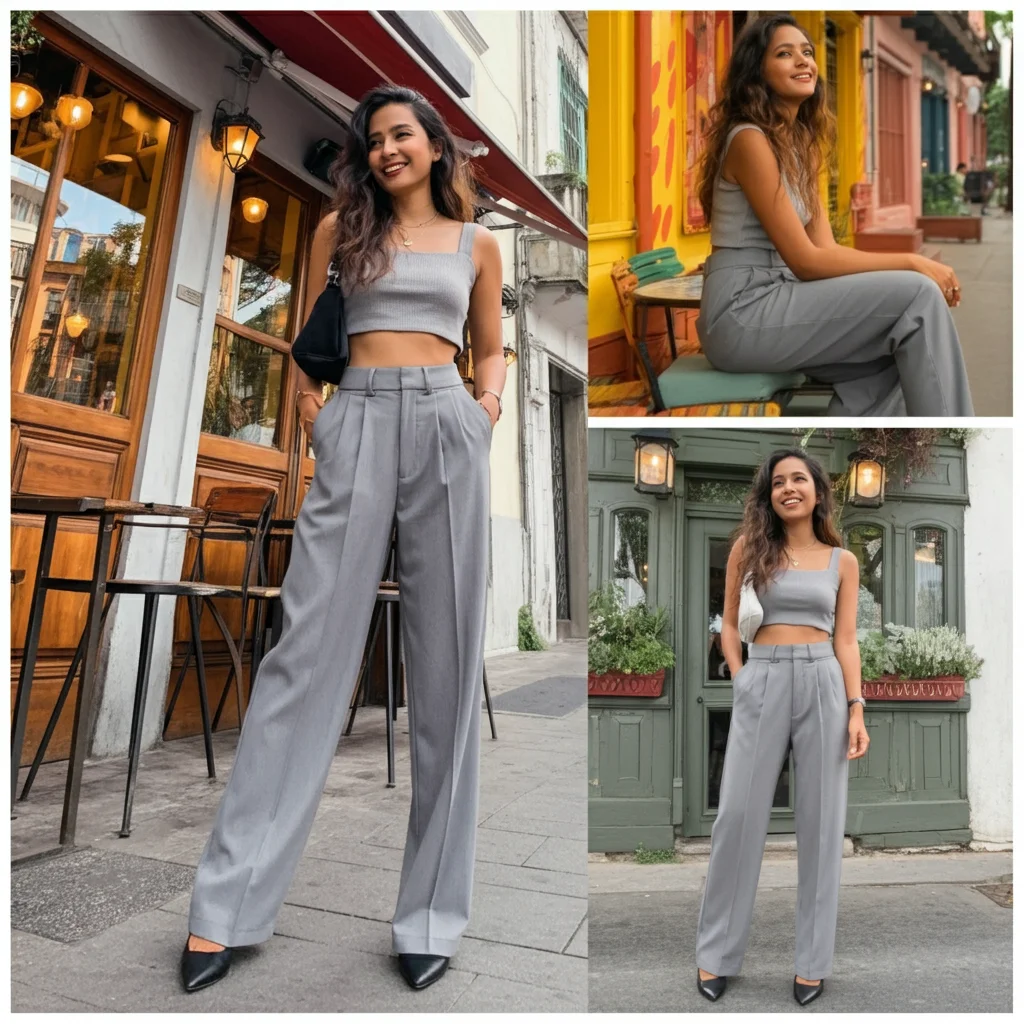 Grey High-Waisted Pants with a Crop Top