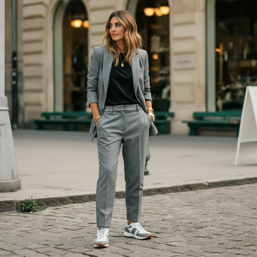 Grey Pants with a Blazer and Sneakers