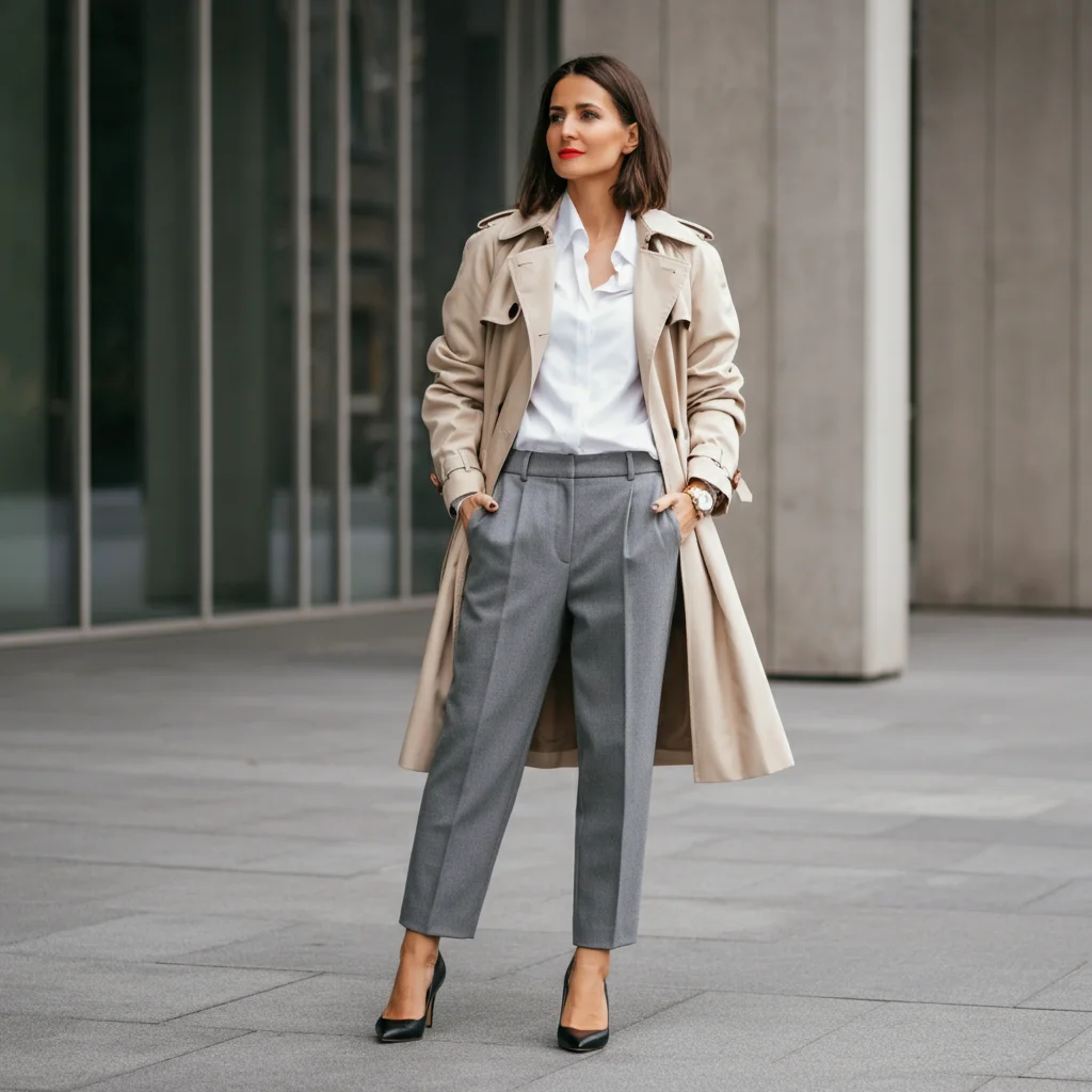 Grey Pants with a Trench Coat