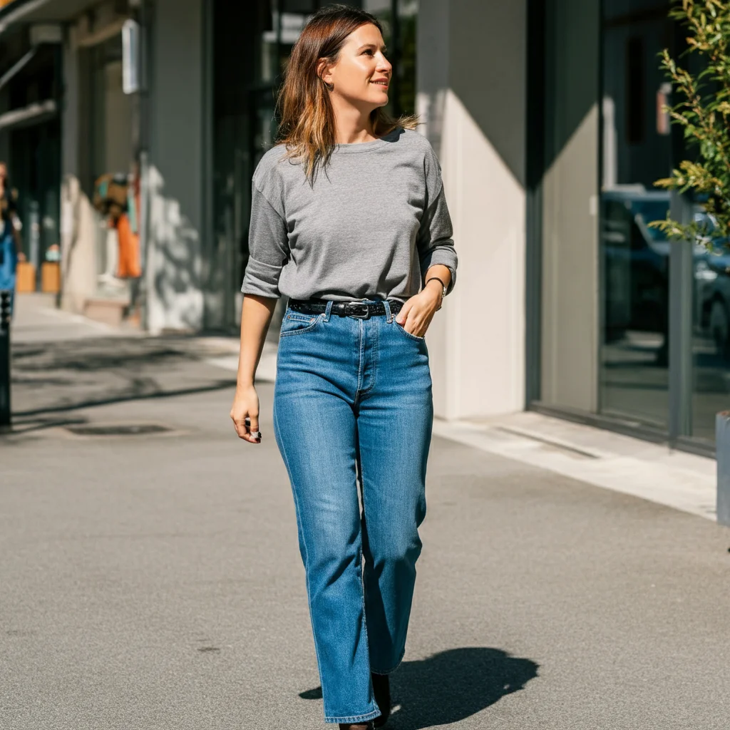 Grey Shirt and High-waisted Blue Jeans