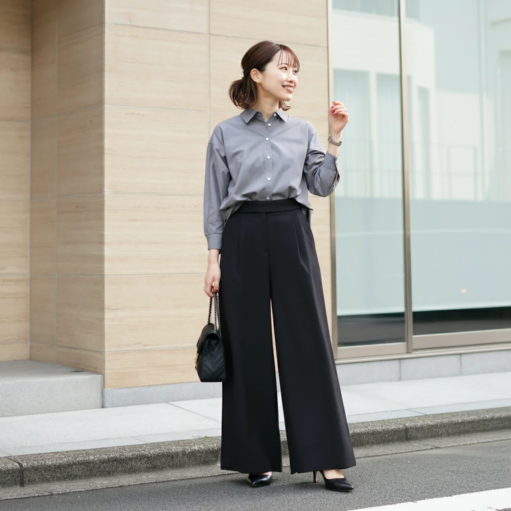 Grey Shirt with Black Wide-leg Pants