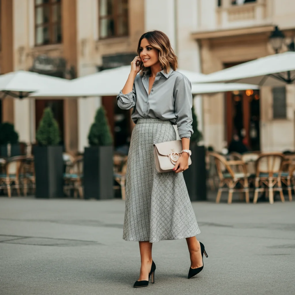 Grey Shirt with a Midi Skirt