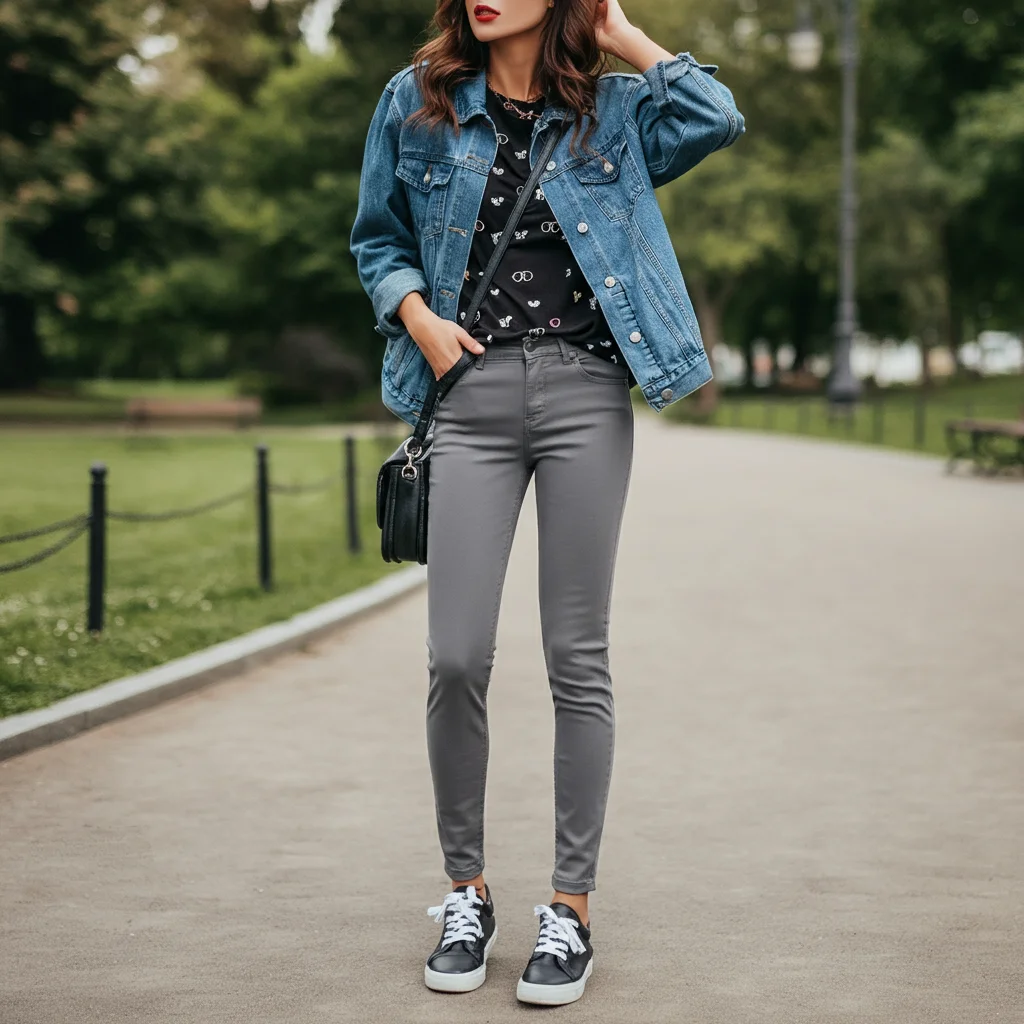 Grey Skinny Pants with a Denim Jacket