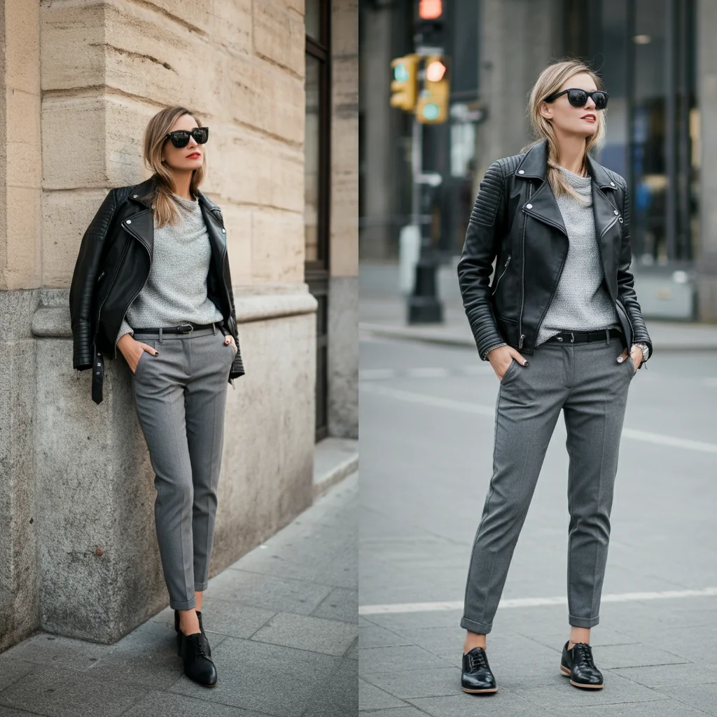 Grey Slim-Fit Pants with a Leather Jacket