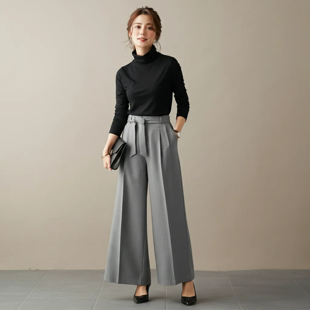Grey Wide-Leg Pants with a Fitted Black Turtleneck