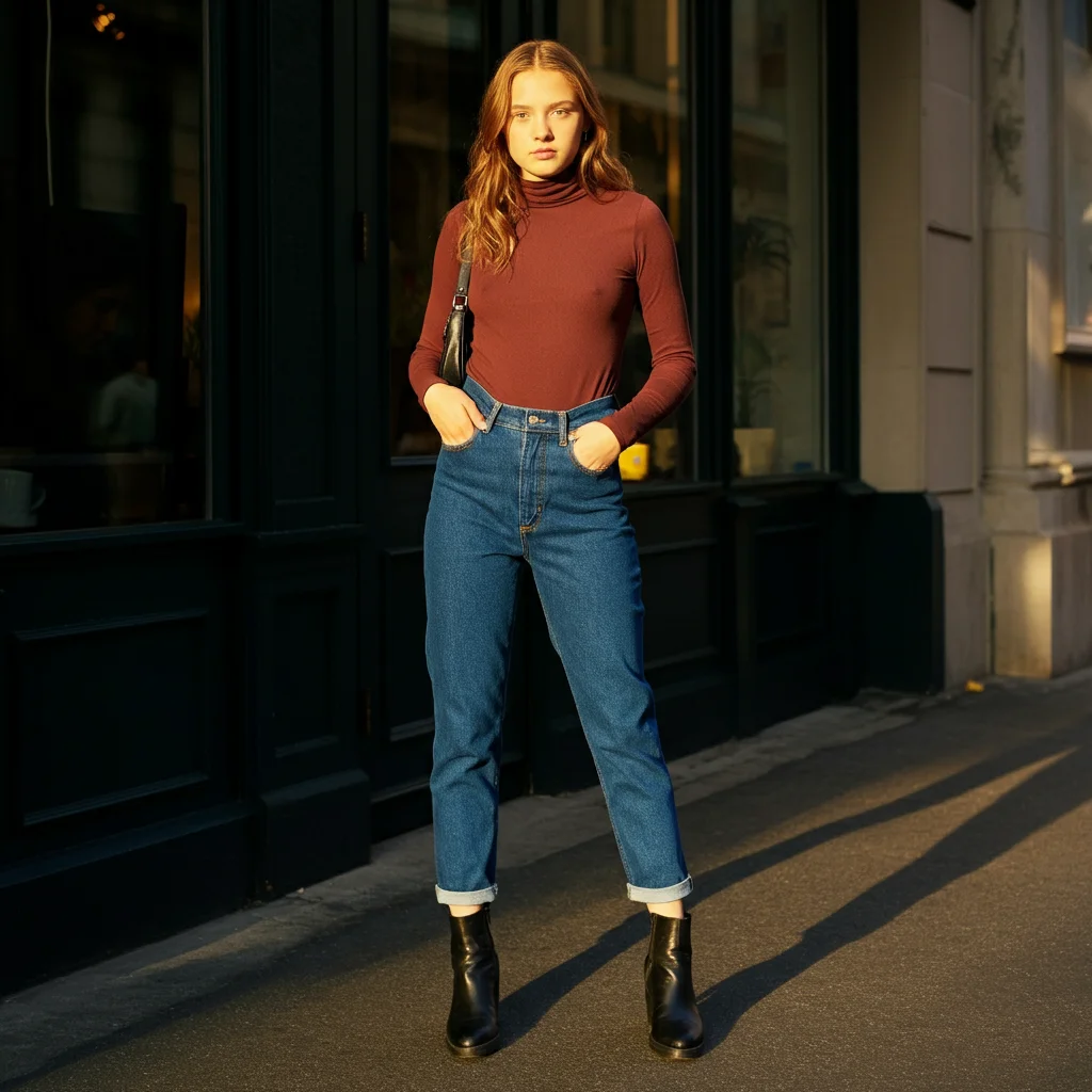 High-Waisted Jeans with a Fitted Turtleneck