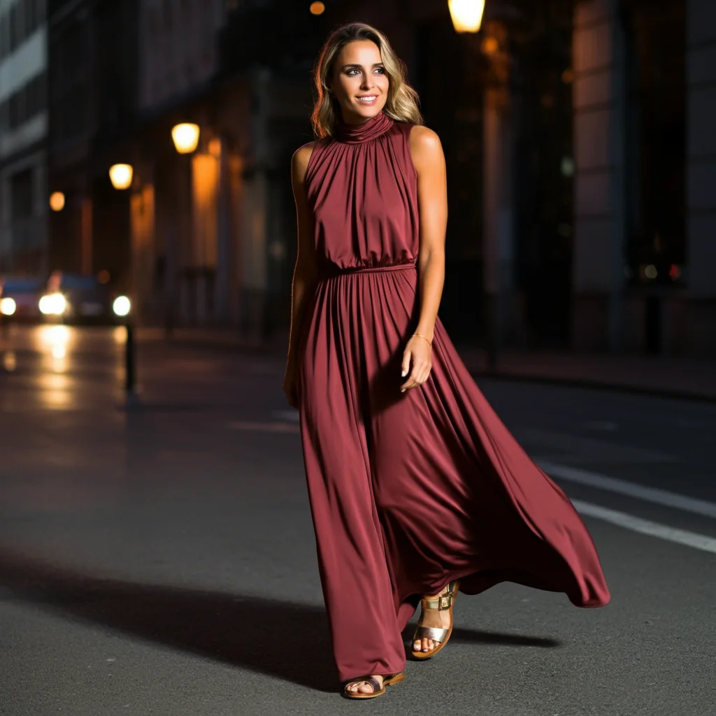 High-neck maxi Dress with Open-Toe Sandals