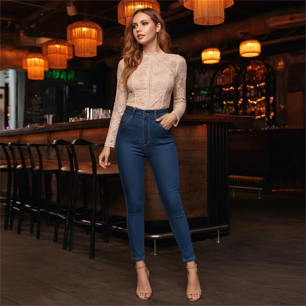 High-waisted Skinny Jeans with a Lace Top