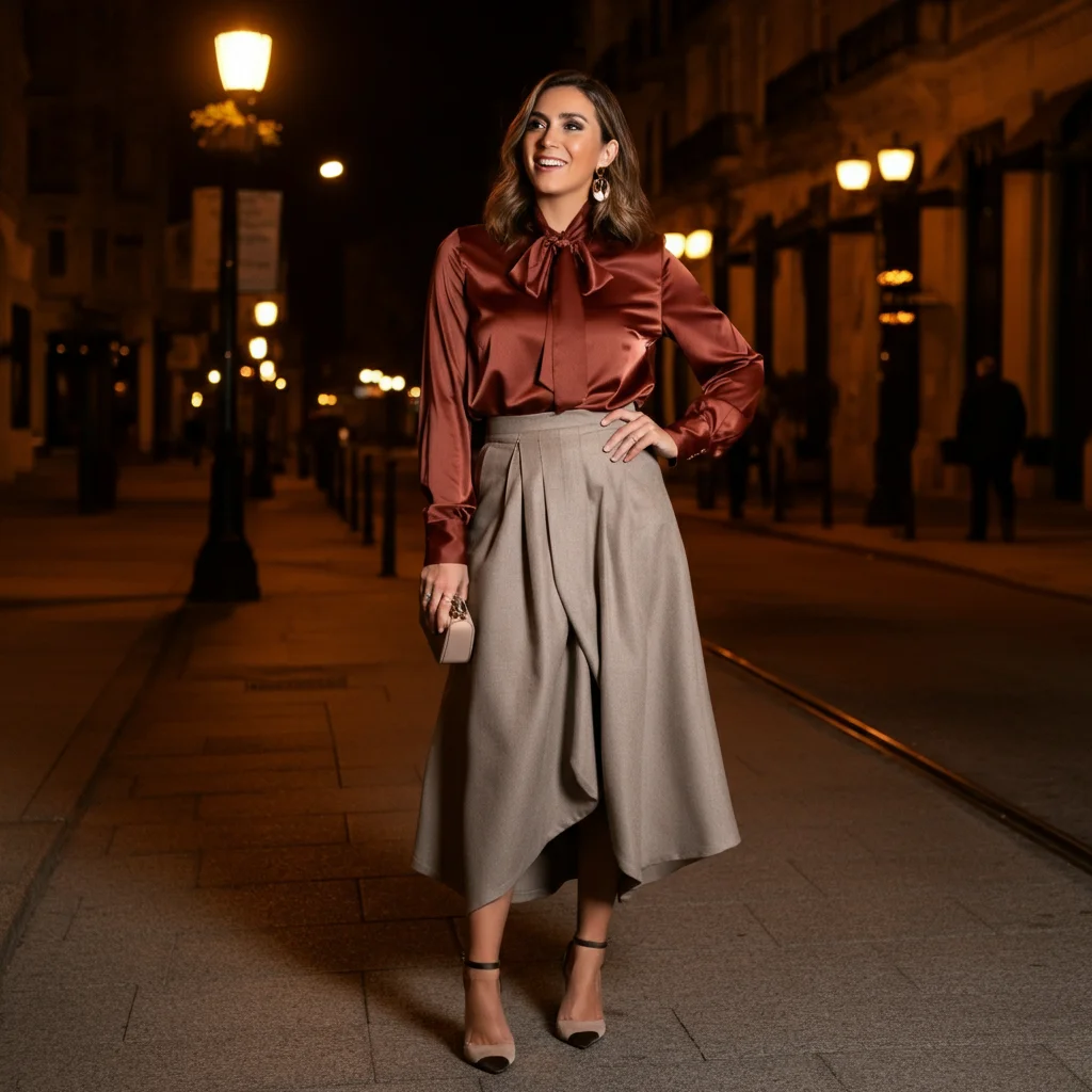 High-waisted skirt with a Satin Blouse and Heels