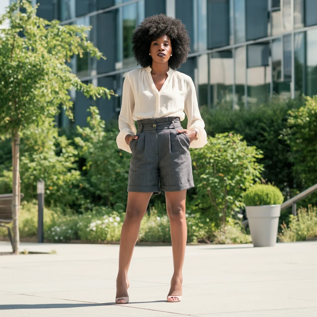 High-waisted tailored shorts with a flowy white blouse