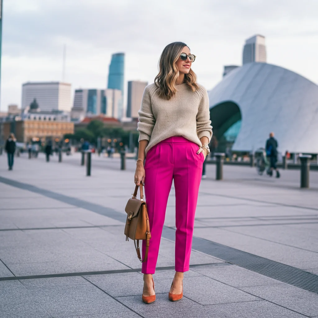 Hot Pink Pants with a Neutral Sweater