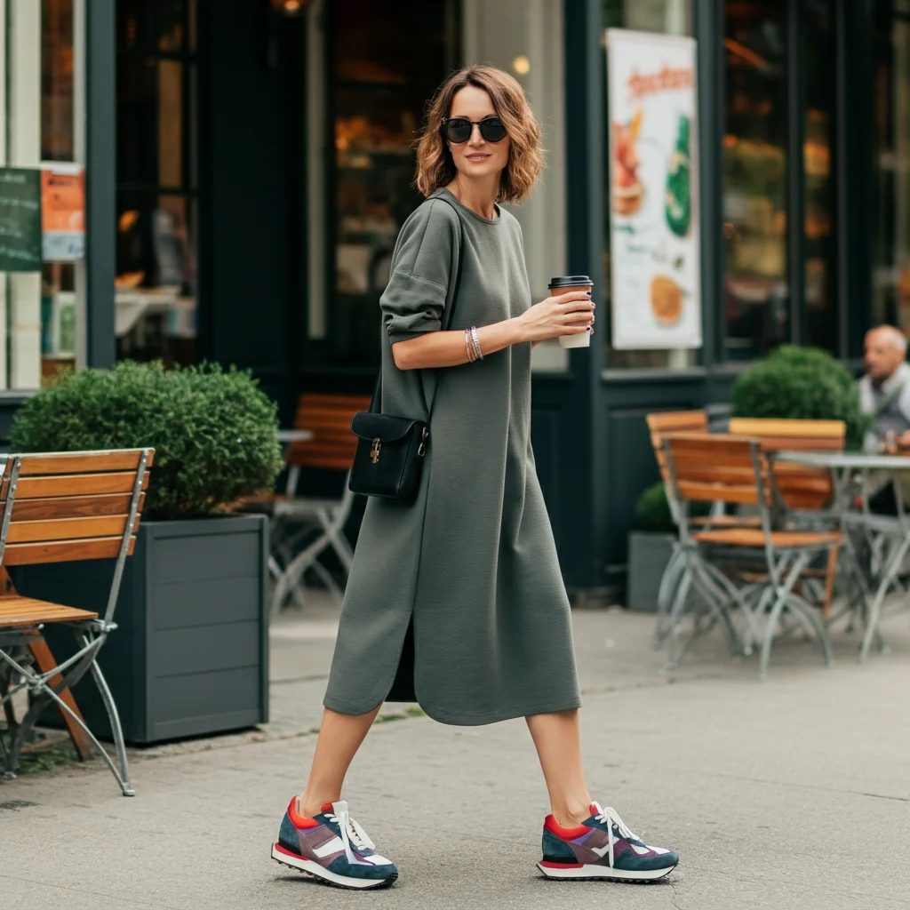 Knee-Length Dress with Sneakers
