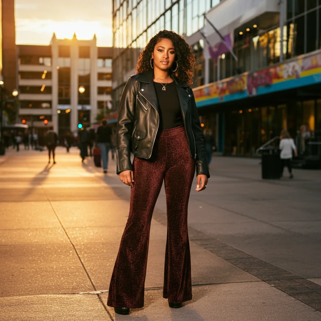 Leather Jacket with Flared Trousers